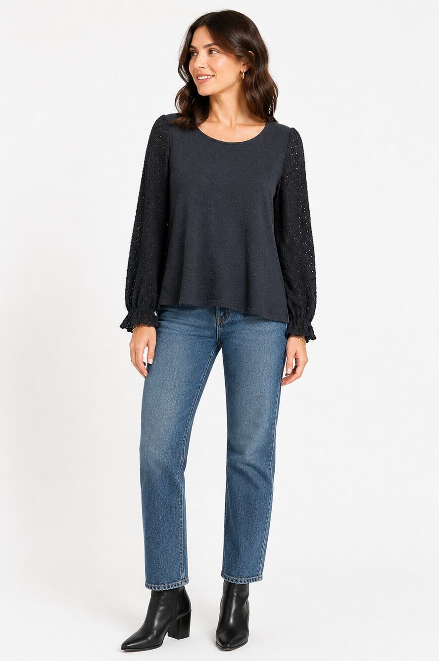 Madewell Texture & Thread Black Eyelet Ruffle Sleeve Top Womens Medium AD111